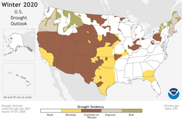 This seasonal U.S. Drought Outlook map for November 2020 through January 2021 predicts persistent drought across much of the Western U.S. in the months ahead. (NOAA Climate.gov based on NWS CPC data)