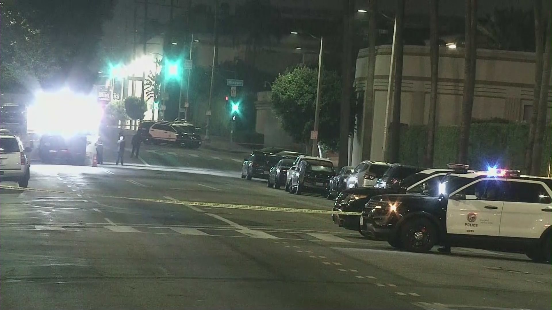 A man being pursued in connection with a sexual assault case barricaded himself inside a building on the Paramount Pictures lot Sunday night. (KTLA)