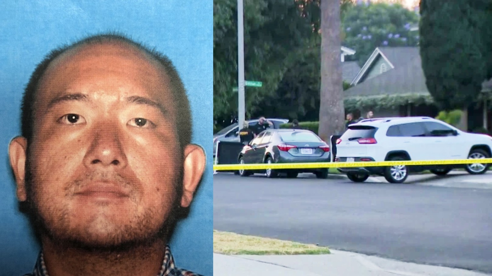 At left, Timothy Takehara is seen in an undated photo released by the Placentia Police Department. At right, officials respond to a Placentia home to investigate a suspected murder-suicide on Oct. 7, 2020. (KTLA)