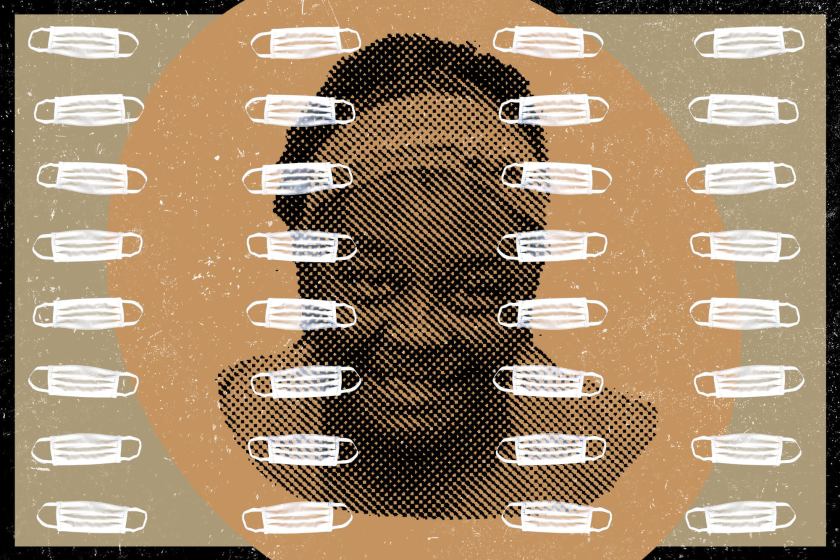 Robbie Hall, depicted in this illustration, earned 60 cents an hour sewing masks at a factory in a women’s prison in Chino. She was hospitalized with a serious case of COVID-19 in May 2020 after an outbreak there. (Alex Tatusian / Los Angeles Times)