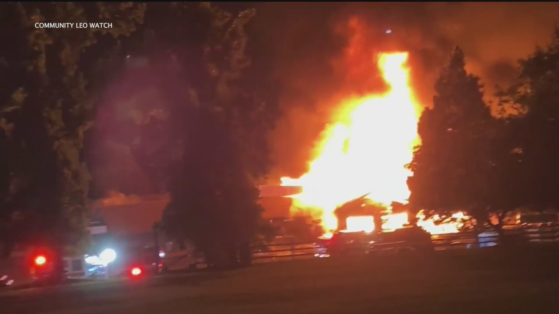 Firefighters battle a blaze at Los Rios Rancho in Oak Glen. (Community Leo Watch)