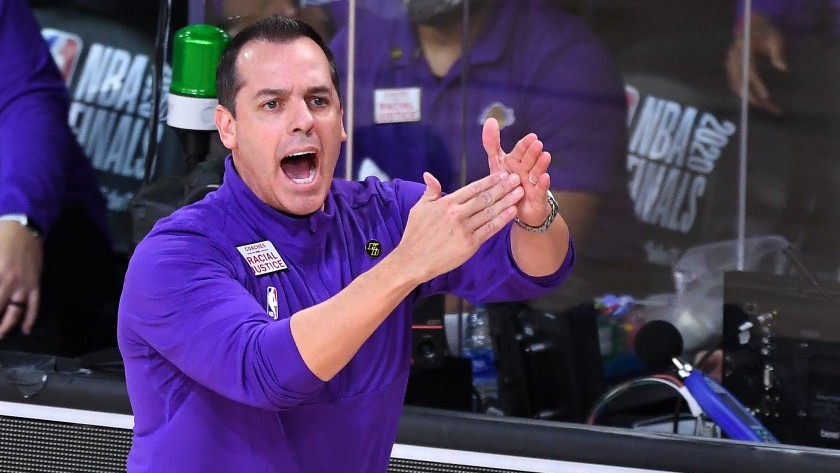 Lakers coach Frank Vogel calls for a timeout during Game 1 of the NBA Finals.(Wally Skalij / Los Angeles Times)