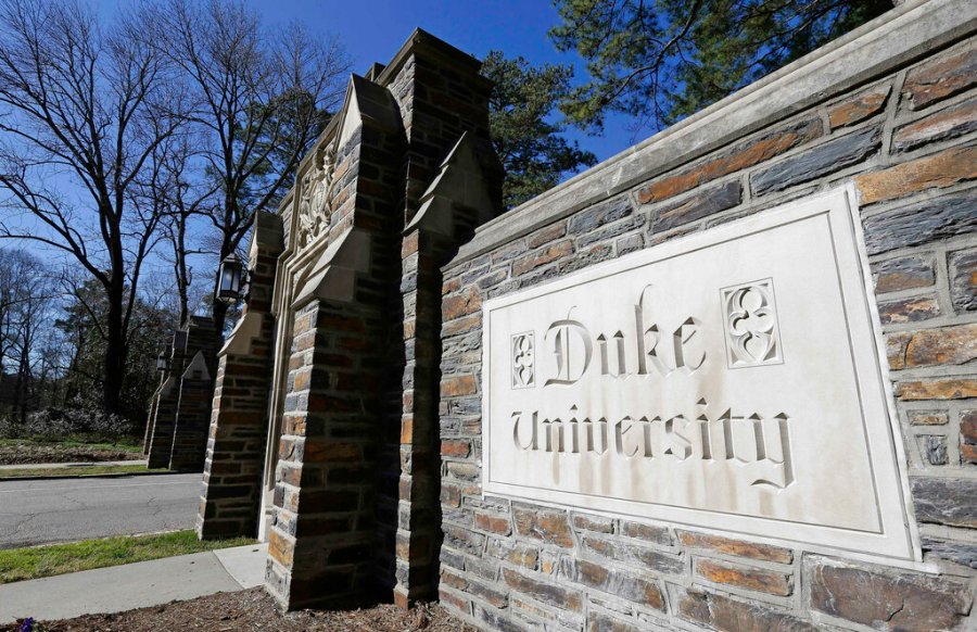 This Jan. 28, 2019 file photo shows the entrance to the main Duke University campus in Durham, N.C. (AP Photo/Gerry Broome, File)