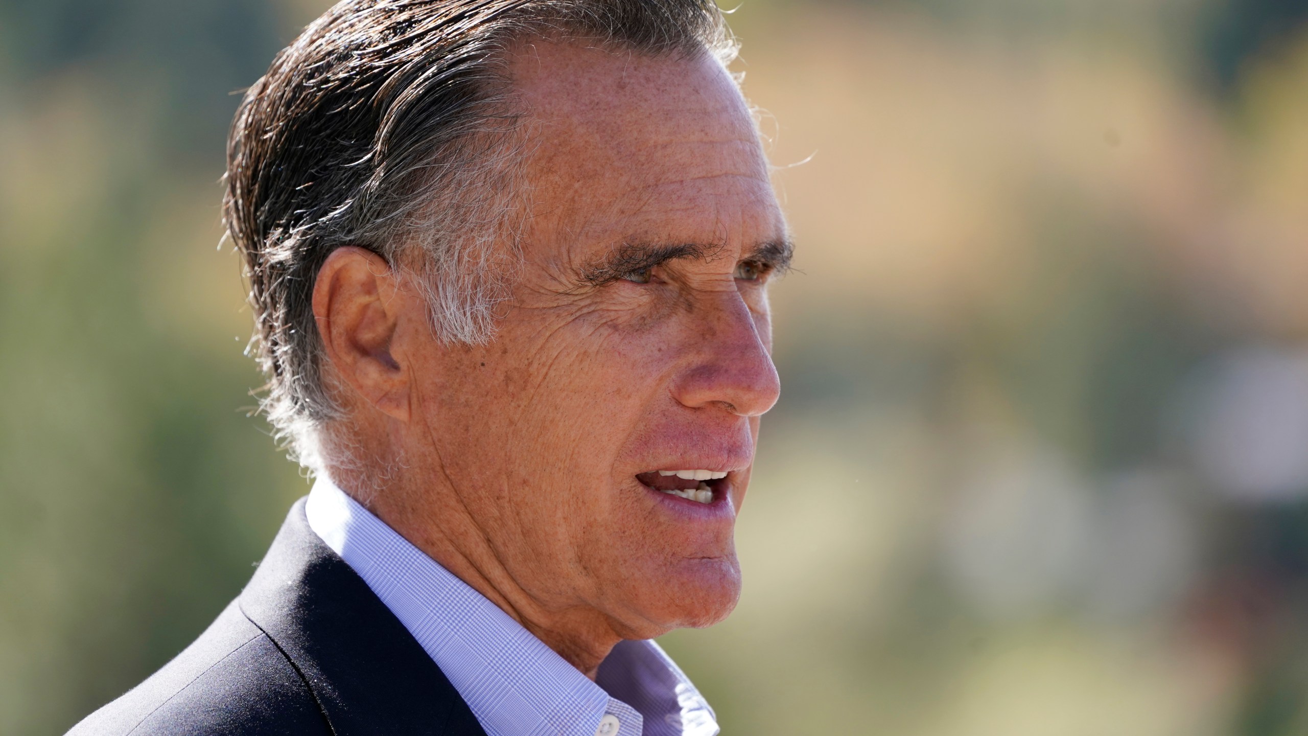 Sen. Mitt Romney, R-Utah, speaks during a news conference Thursday, Oct. 15, 2020, near Neffs Canyon, in Salt Lake City. (AP Photo/Rick Bowmer)