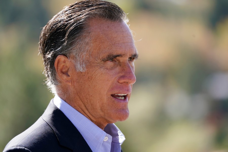 Sen. Mitt Romney, R-Utah, speaks during a news conference Thursday, Oct. 15, 2020, near Neffs Canyon, in Salt Lake City. (AP Photo/Rick Bowmer)