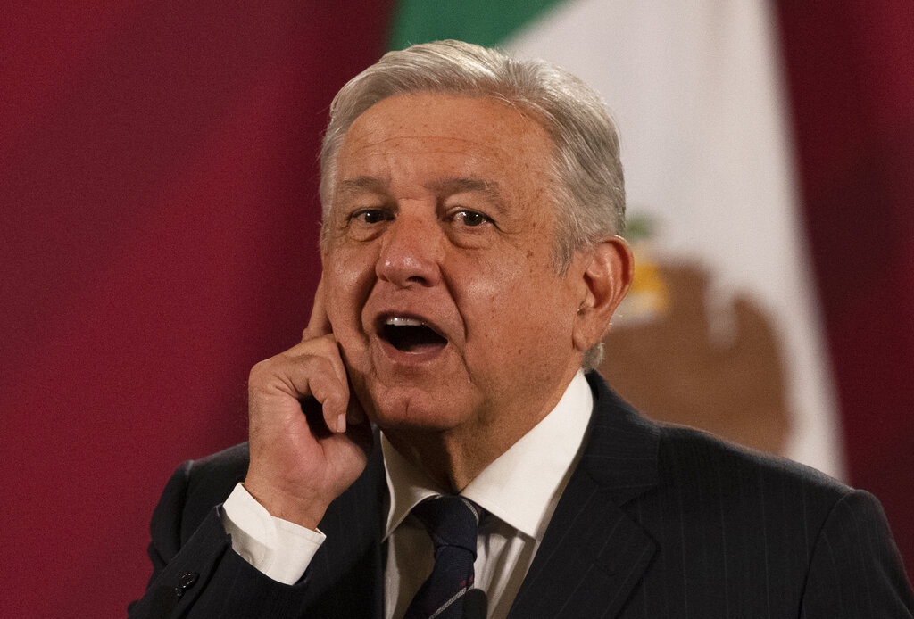 Mexican President Andres Manuel Lopez Obrador gives his daily, morning news conference at the presidential palace, Palacio Nacional, in Mexico City on Oct. 16, 2020. (AP Photo/Marco Ugarte)