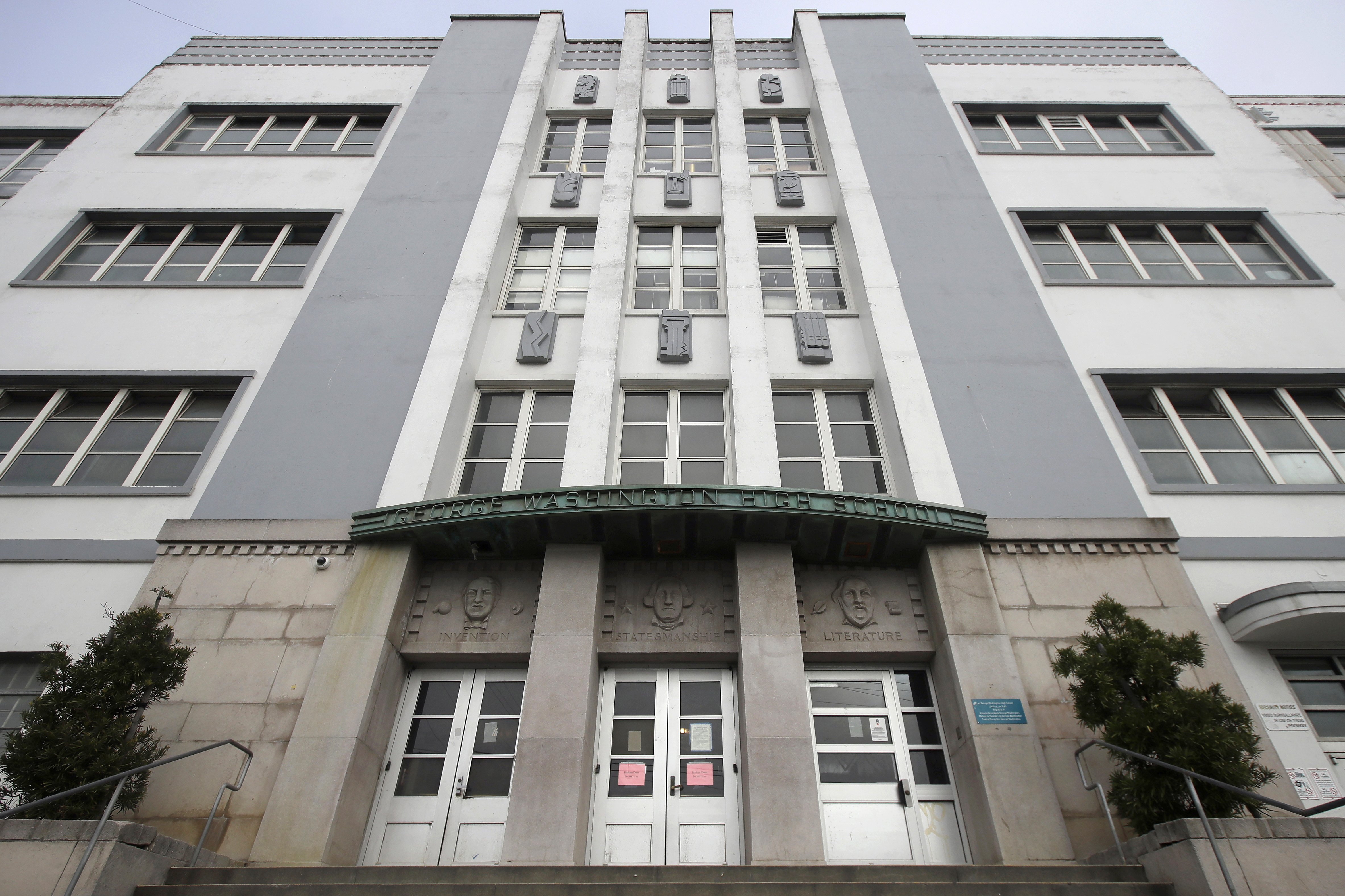 In this March 12, 2020, file photo, George Washington High School stands in San Francisco. San Francisco Mayor London Breed is blasting an effort to rename nearly four dozen San Francisco public schools honoring dead presidents and even U.S. Sen. Dianne Feinstein, saying the school district should focus on getting children back into the classroom if they want to address systemic racism. (AP Photo/Jeff Chiu, File)