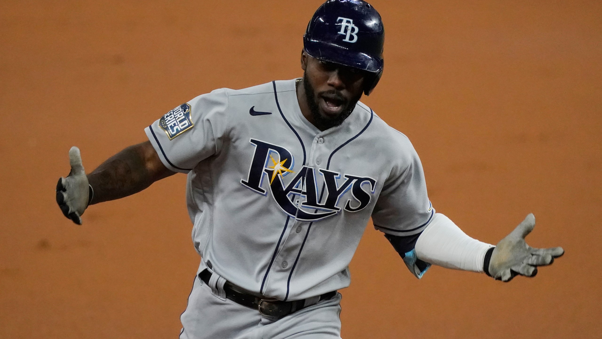 Tampa Bay Rays' Randy Arozarena celebrates a home run during the first inning in Game 6 of the baseball World Series against the Los Angeles Dodgers Tuesday, Oct. 27, 2020, in Arlington, Texas. (AP Photo/Tony Gutierrez)