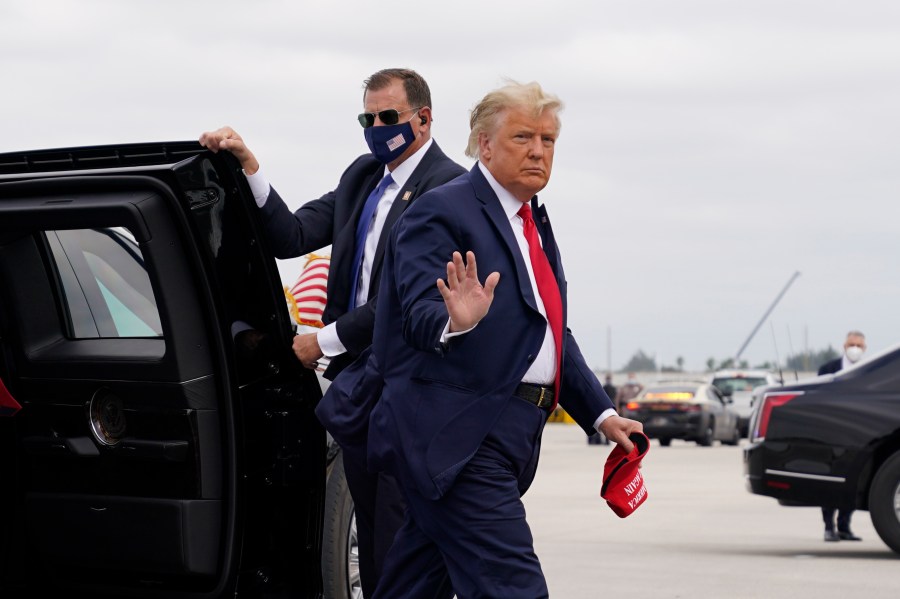 President Donald Trump arrives to board Air Force One for a day of campaign rallies on Nov. 2, 2020 in Miami. (Evan Vucci/Associated Press)