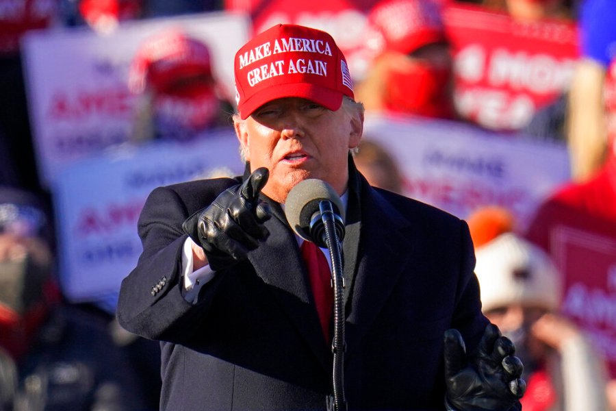 President Donald Trump gestures while addressing a campaign rally at the Wilkes-Barre Scranton International Airport in Avoca, Pa on Nov. 2, 2020. (AP Photo/Gene J. Puskar)