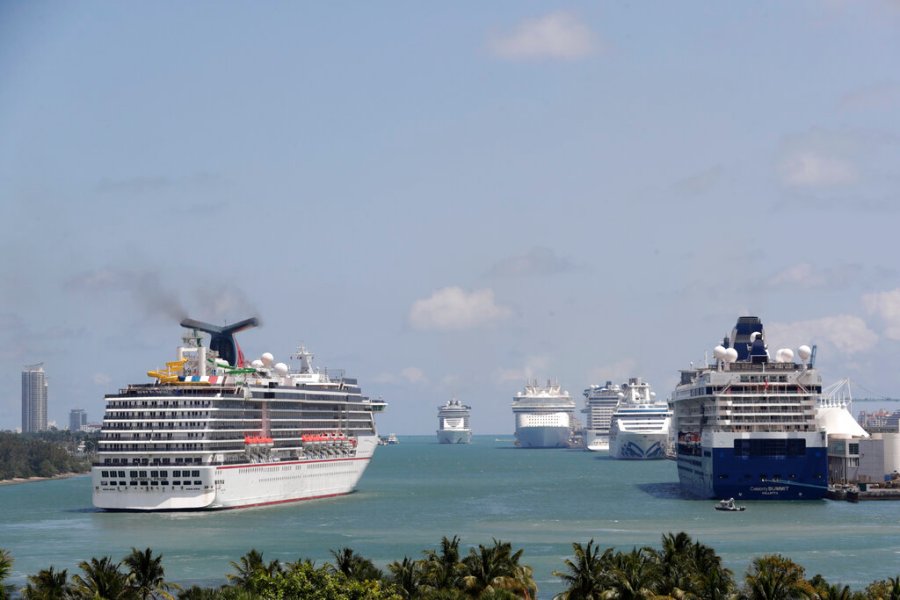 The Carnival Pride cruise ship arrives at PortMiami, Tuesday, April 7, 2020, in Miami. (AP Photo/Lynne Sladky)