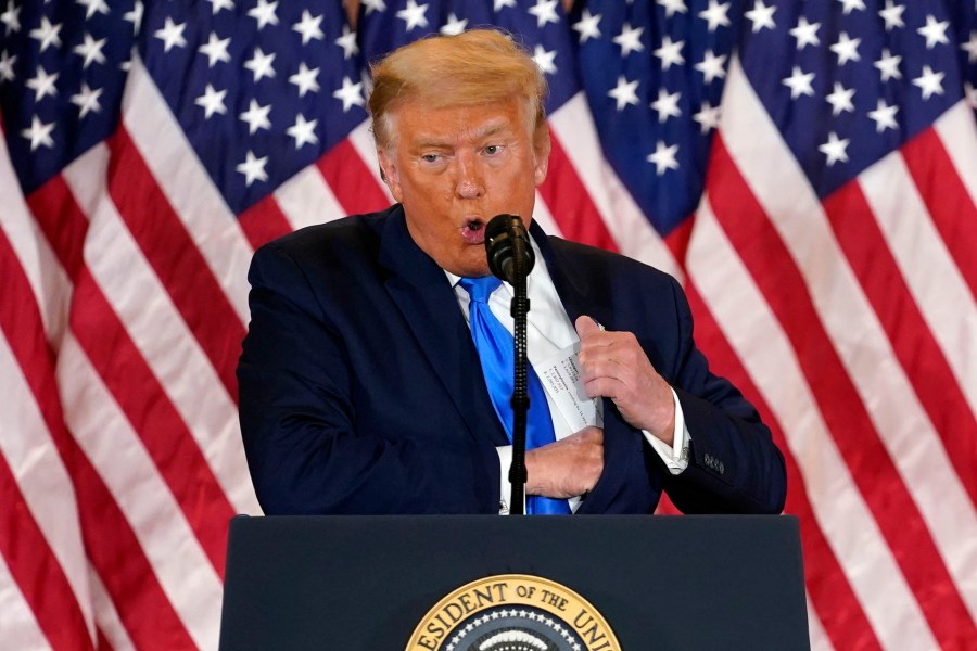 President Donald Trump speaks in the East Room of the White House, early Wednesday, Nov. 4, 2020, in Washington. (AP Photo/Evan Vucci)