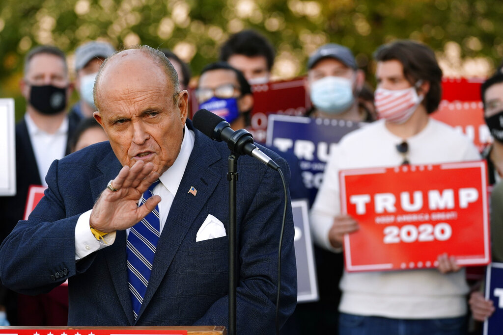 Rudy Giuliani, a lawyer for President Donald Trump, speaks during a news conference on legal challenges to vote counting in Pennsylvania on Nov. 4, 2020, in Philadelphia. (AP Photo/Matt Slocum)