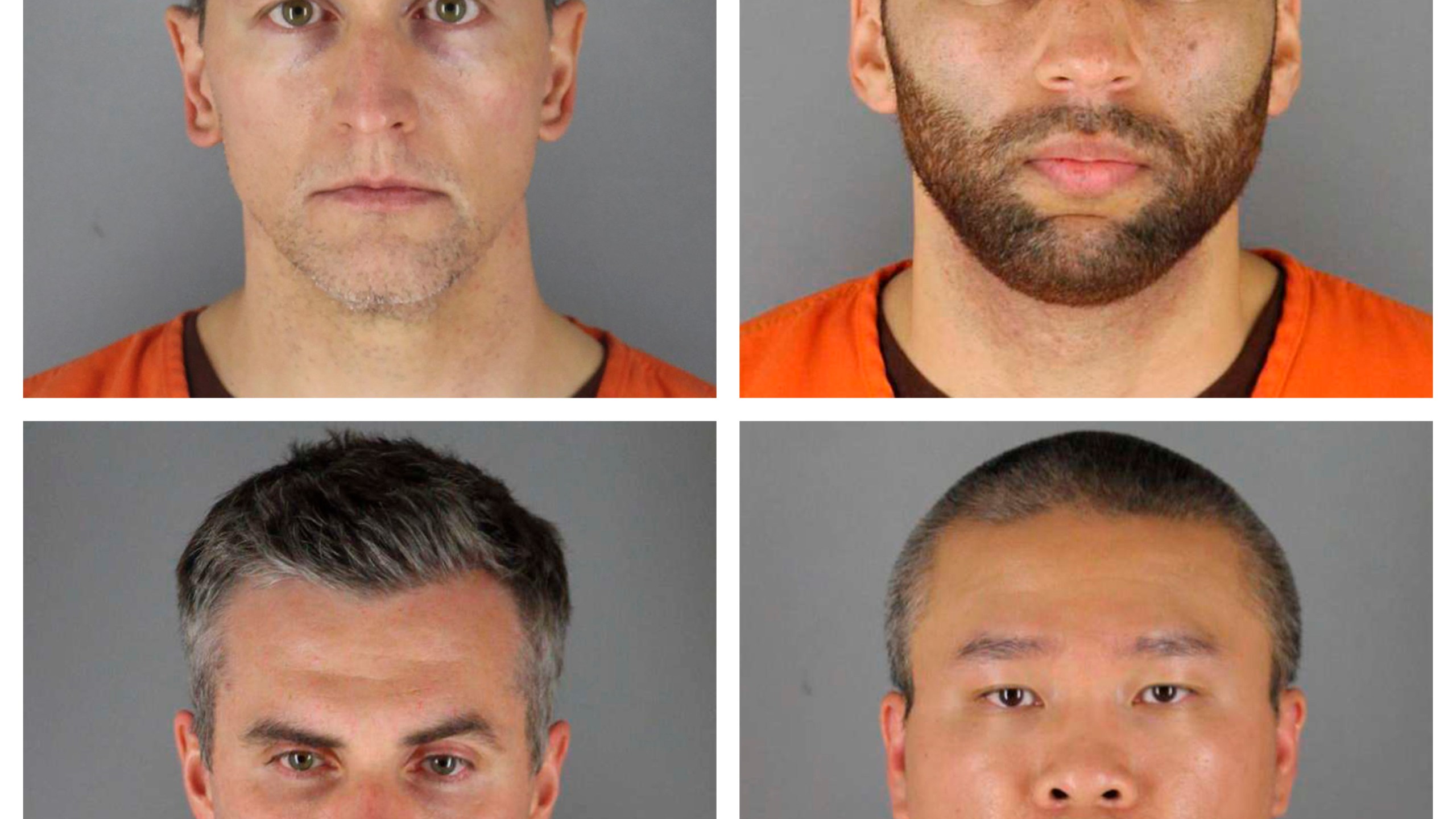 This combination of file photos provided by the Hennepin County Sheriff's Office in Minnesota on June 3, 2020, shows, top row from left, Derek Chauvin, and J. Alexander Kueng, bottom row from left, Thomas Lane and Tou Thao. (Hennepin County Sheriff's Office via AP, File)