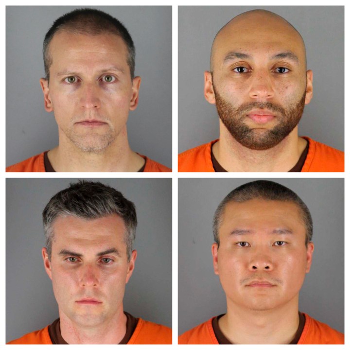 This combination of file photos provided by the Hennepin County Sheriff's Office in Minnesota on June 3, 2020, shows, top row from left, Derek Chauvin, and J. Alexander Kueng, bottom row from left, Thomas Lane and Tou Thao. (Hennepin County Sheriff's Office via AP, File)