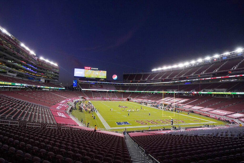 Empty seats at Levi's Stadium are shown during the first half of an NFL football game between the San Francisco 49ers and the Green Bay Packers in Santa Clara on Nov. 5, 2020. (AP Photo/Jeff Chiu)