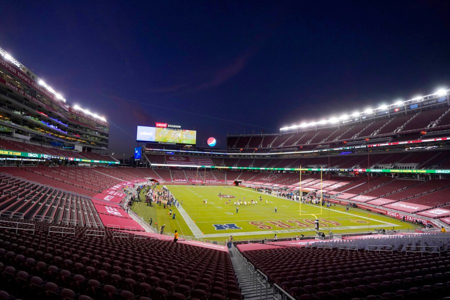 Empty seats at Levi's Stadium are shown during the first half of an NFL football game between the San Francisco 49ers and the Green Bay Packers in Santa Clara on Nov. 5, 2020. (AP Photo/Jeff Chiu)