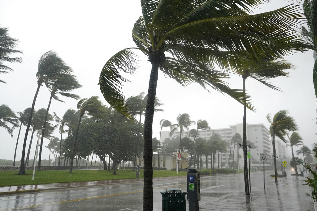 A normally bustling Ocean Drive is shown during a downpour, Sunday, Nov. 8, 2020, on Miami Beach, Florida's famed South Beach. (AP Photo/Wilfredo Lee)