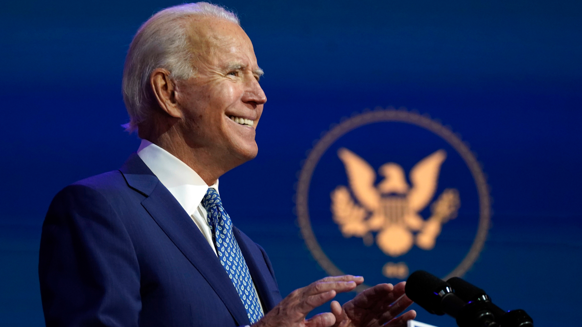 President-elect Joe Biden speaks Nov. 9, 2020, at The Queen theater in Wilmington, Delaware. (Carolyn Kaster / Associated Press)