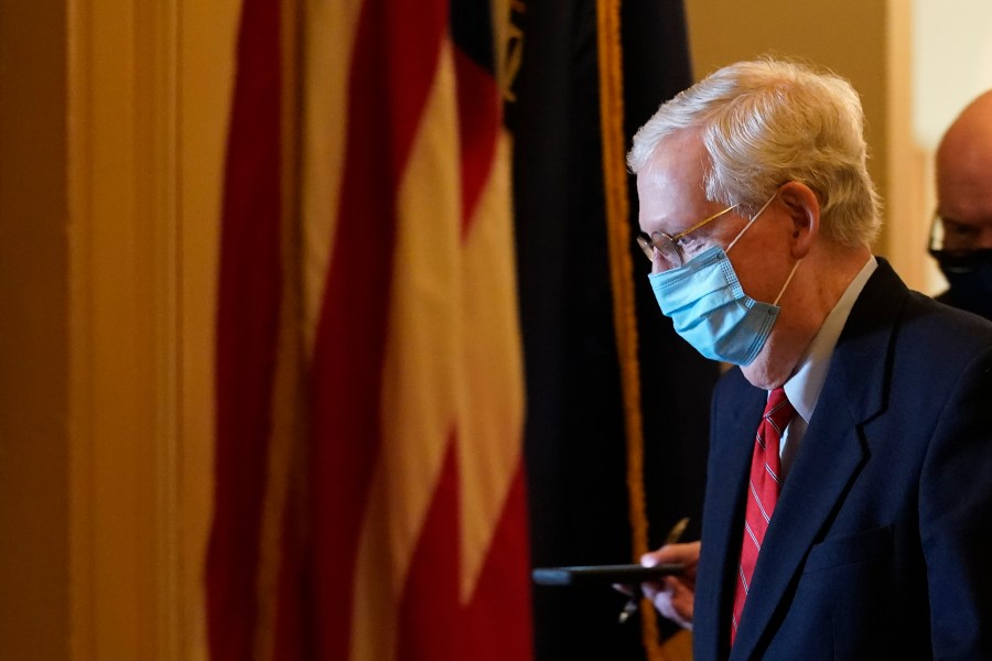 Senate Majority Leader Mitch McConnell of Ky., walks back to his office on Capitol Hill in Washington, Monday, Nov. 9, 2020. (AP Photo/Susan Walsh)