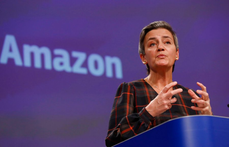 European Executive Vice-President Margrethe Vestager speaks during a press conference regarding an antitrust case with Amazon at EU headquarters in Brussels, Tuesday, Nov. 10, 2020. (Olivier Hoslet, Pool via AP)