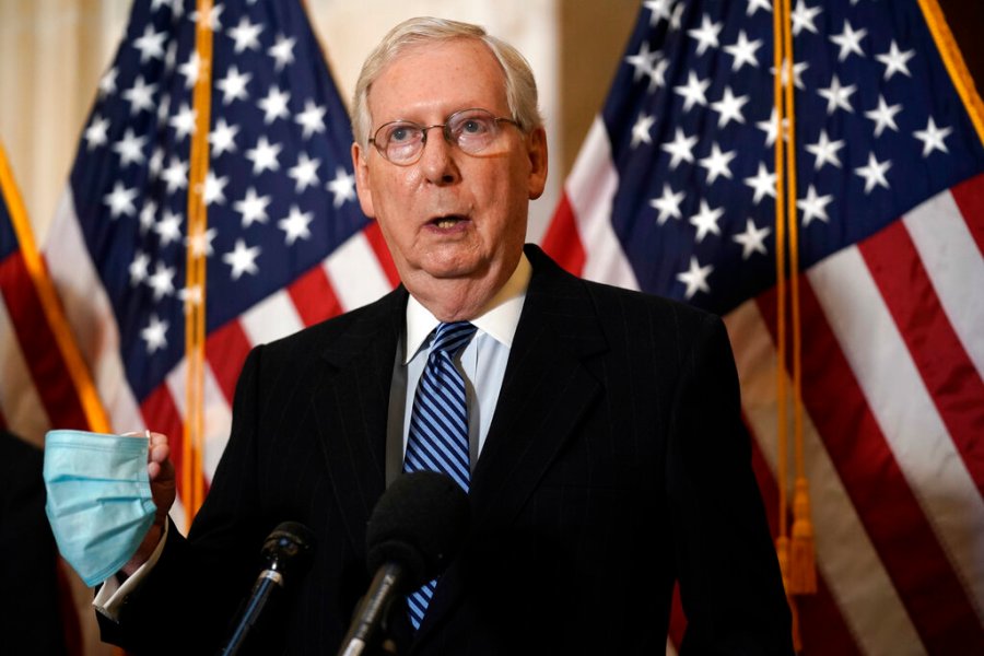 Senate Majority Leader Mitch McConnell of Ky., answers questions after Senate Republicans held leadership elections, on Capitol Hill in Washington, Tuesday, Nov. 10, 2020. (AP Photo/J. Scott Applewhite)