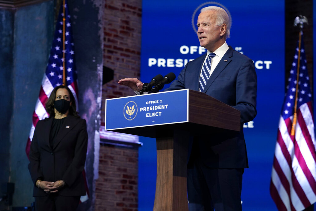 President-elect Joe Biden speaks on Nov. 10, 2020, at The Queen theater in Wilmington, Del. (AP Photo/Carolyn Kaster)