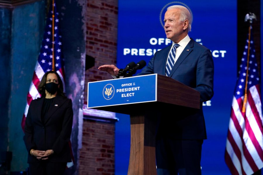 President-elect Joe Biden speaks on Nov. 10, 2020, at The Queen theater in Wilmington, Del. (AP Photo/Carolyn Kaster)