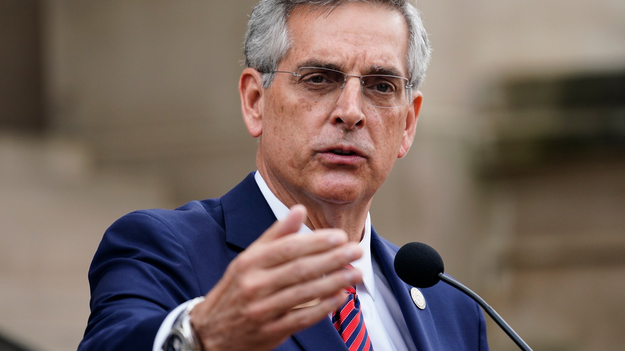 Georgia Secretary of State Brad Raffensperger speaks during a news conference on Wednesday, Nov. 11, 2020, in Atlanta. (AP Photo/Brynn Anderson)