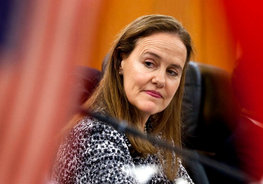 This Dec. 7, 2011 file photo shows former U.S. Defense Undersecretary Michele Flournoy, preparing for a bilateral meeting in Beijing, China. (AP Photo/Andy Wong, File)