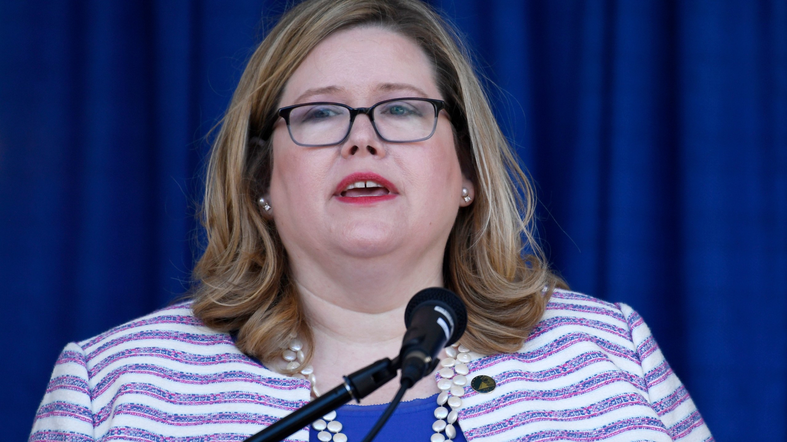 In this June 21, 2019 file photo, General Services Administration Administrator Emily Murphy speaks during a ribbon cutting ceremony for the Department of Homeland Security's St. Elizabeths Campus Center Building in Washington. (AP Photo/Susan Walsh)