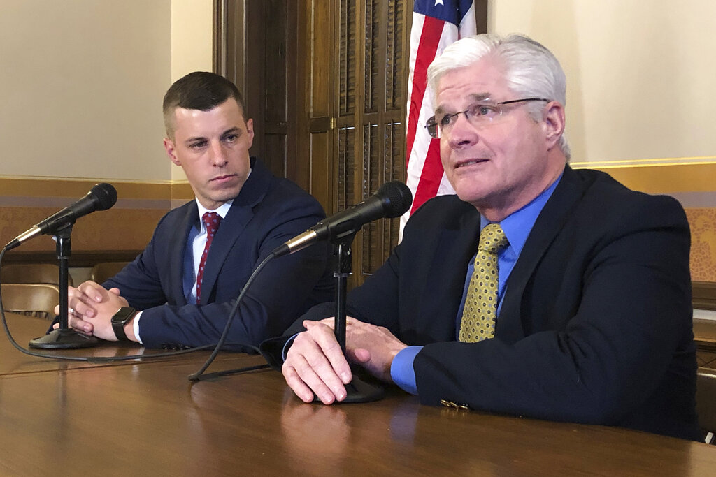 In this Jan. 30, 2020 file photo, Senate Majority Leader Mike Shirkey, R-Clarklake, right, and House Speaker Lee Chatfield, R-Levering, left, speak to the media at the Michigan Capitol in Lansing, Mich. (AP Photo/David Eggert)