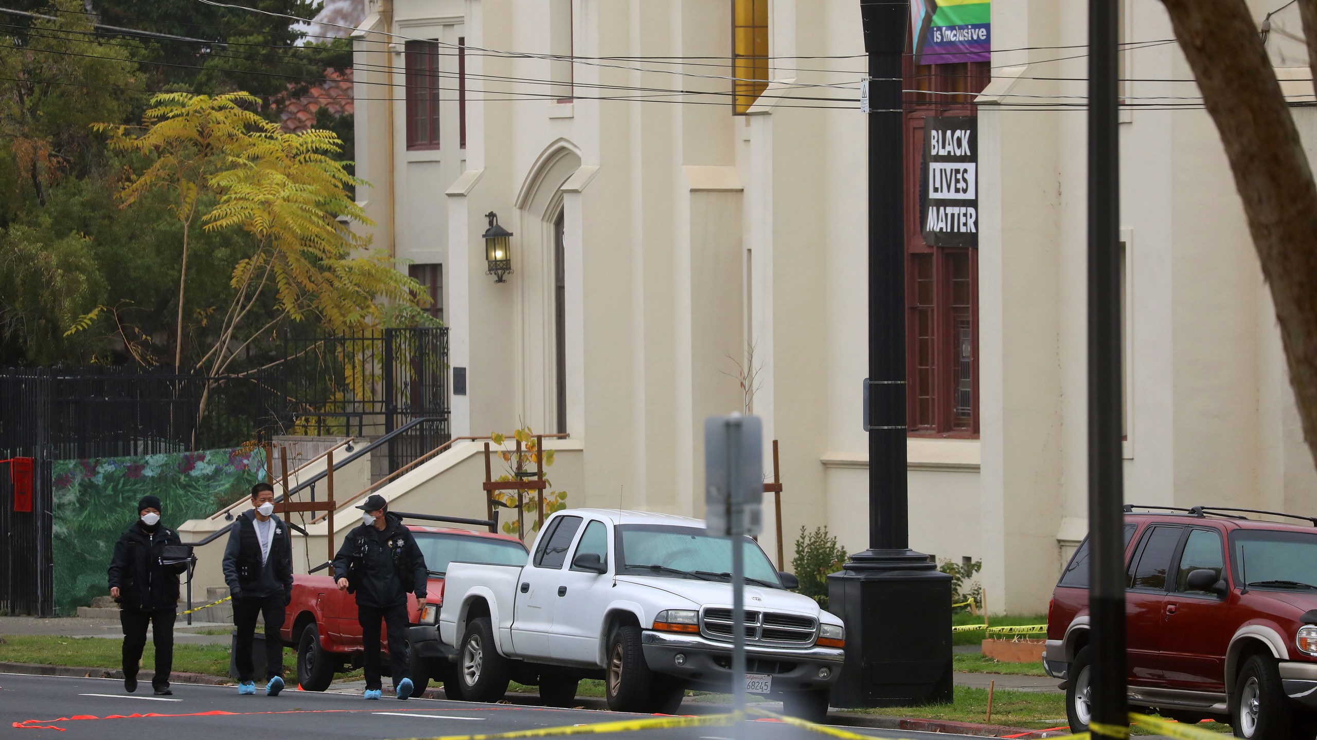 Members of the San Jose Police Department investigate a homicide scene at Grace Baptist Church in San Jose on Nov. 23, 2020. (Aric Crabb / Bay Area News Group via Associated Press)