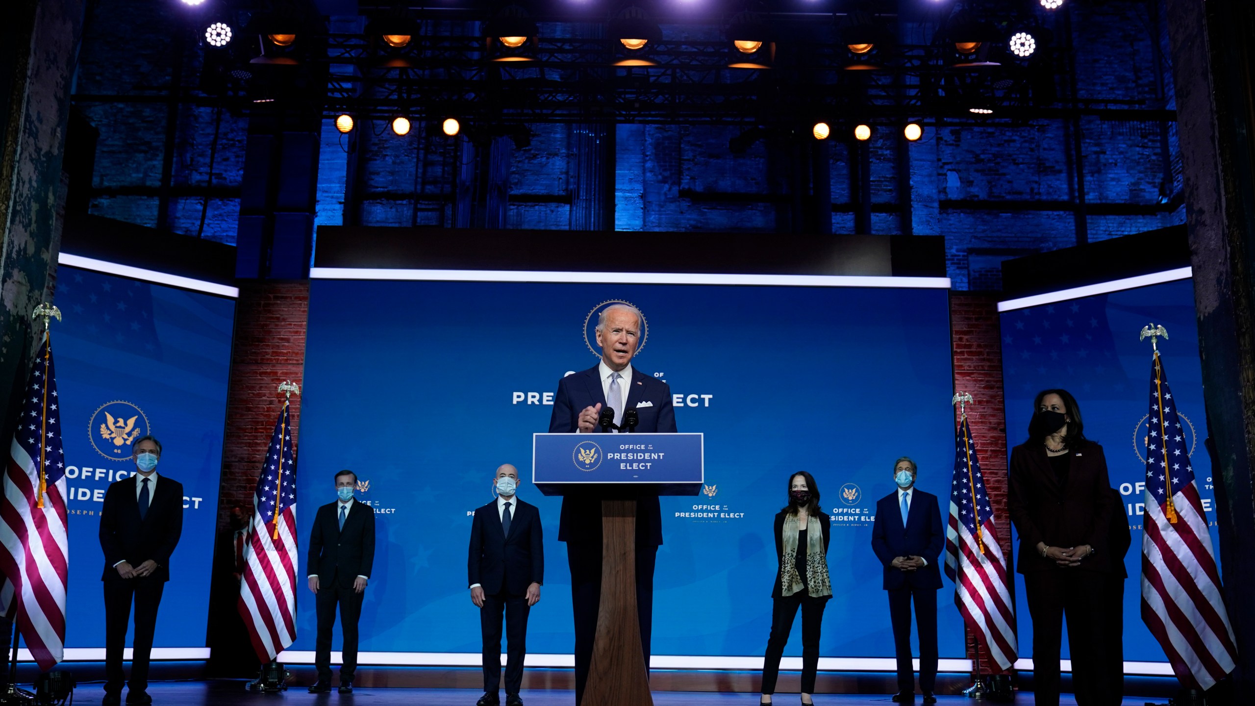 President-elect Joe Biden and Vice President-elect Kamala Harris introduce their nominees and appointees to key national security and foreign policy posts at The Queen theater, Tuesday, Nov. 24, 2020, in Wilmington, Del. (AP Photo/Carolyn Kaster)