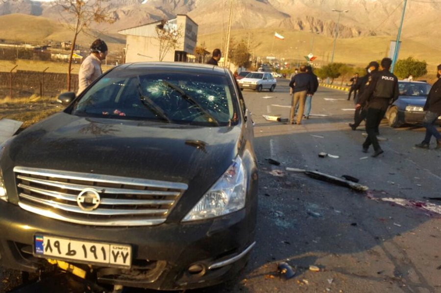 This photo released by the semi-official Fars News Agency shows the scene where Mohsen Fakhrizadeh was killed in Absard, a small city just east of the capital, Tehran, Iran on Nov. 27, 2020. (Fars News Agency via AP)