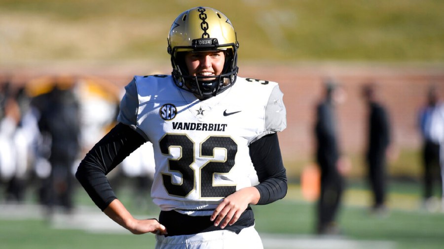 Vanderbilt place kicker Sarah Fuller warms up before the start of an NCAA college football game against Missouri on Nov. 28, 2020, in Columbia, Mo. (AP Photo/L.G. Patterson)