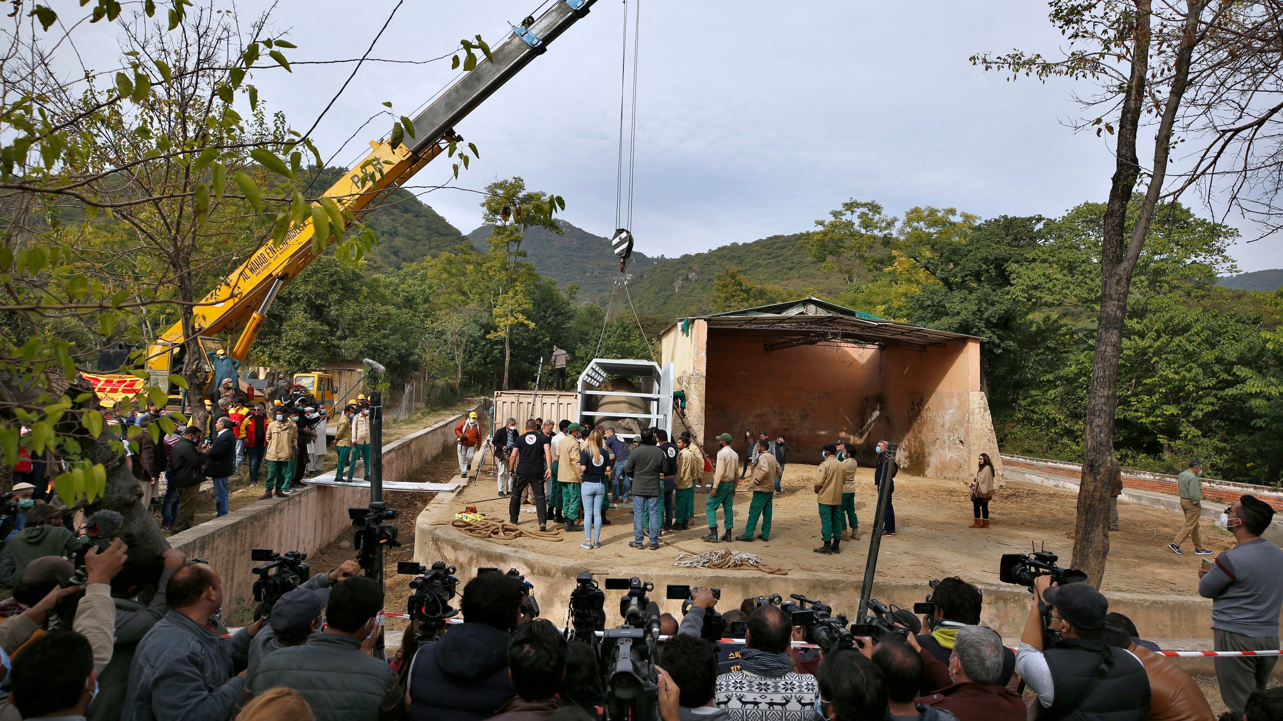 Pakistani wildlife workers and experts from the international animal welfare organization Four Paws use a crane to move a crate carrying an elephant named Kaavan for transporting him to a sanctuary in Cambodia, at the Marghazar Zoo in Islamabad, Pakistan, Sunday, Nov. 29, 2020. (AP Photo/Anjum Naveed)