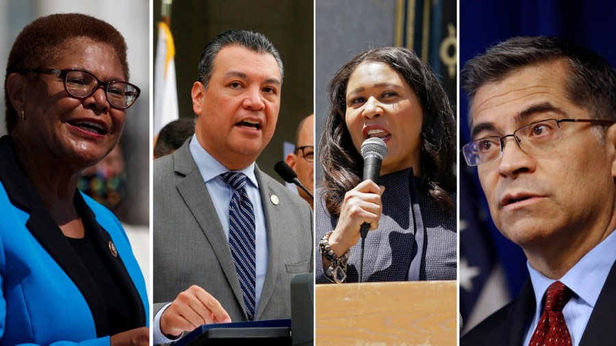 From left to right, Rep. Karen Bass, California Secretary of State Alex Padilla, San Francisco Mayor London Breed and California Attorney General Xavier Becerra. They are among several possible contenders to get consideration to replace Kamala Harris in the Senate. (AP Photo/Carolyn Kaster/Eric Risberg/Rich Pedroncelli)