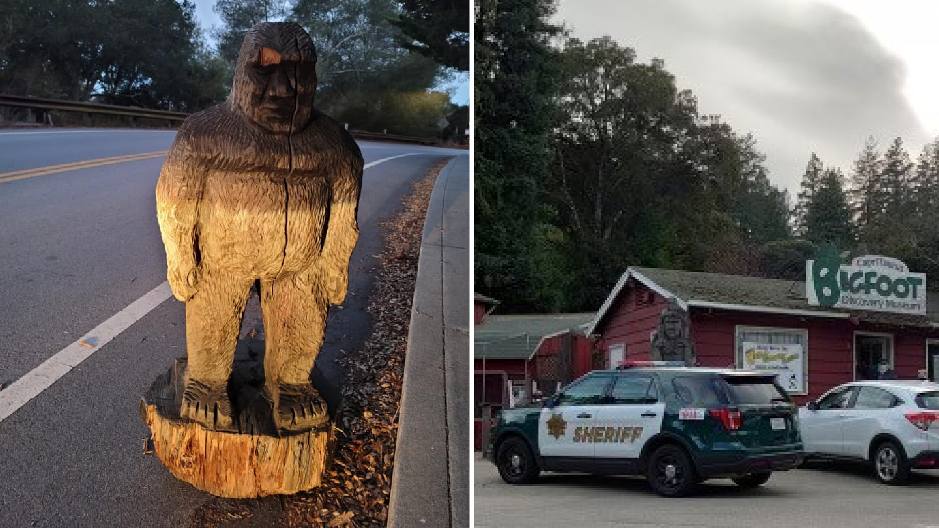 A Bigfoot state found on the side of a road on Nov. 12, 2020 and the Bigfoot Discovery Museum are seen in photos released by the Scotts Valley Police Department and Santa Cruz County Sheriff’s Office.