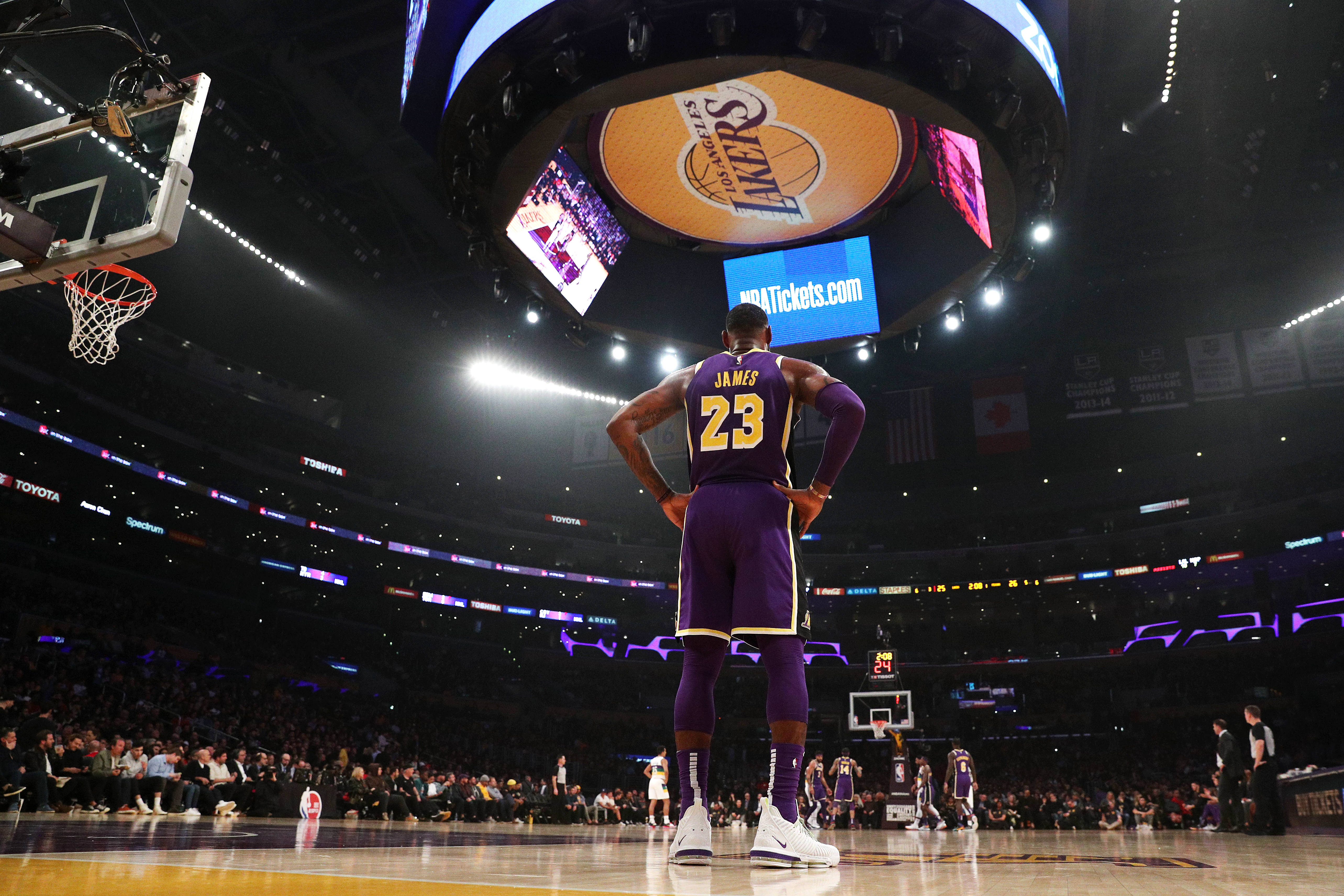 LeBron James of the Los Angeles Lakers looks on against the New Orleans Pelicans during the first half at Staples Center on Feb. 27, 2019. (Yong Teck Lim / Getty Images)