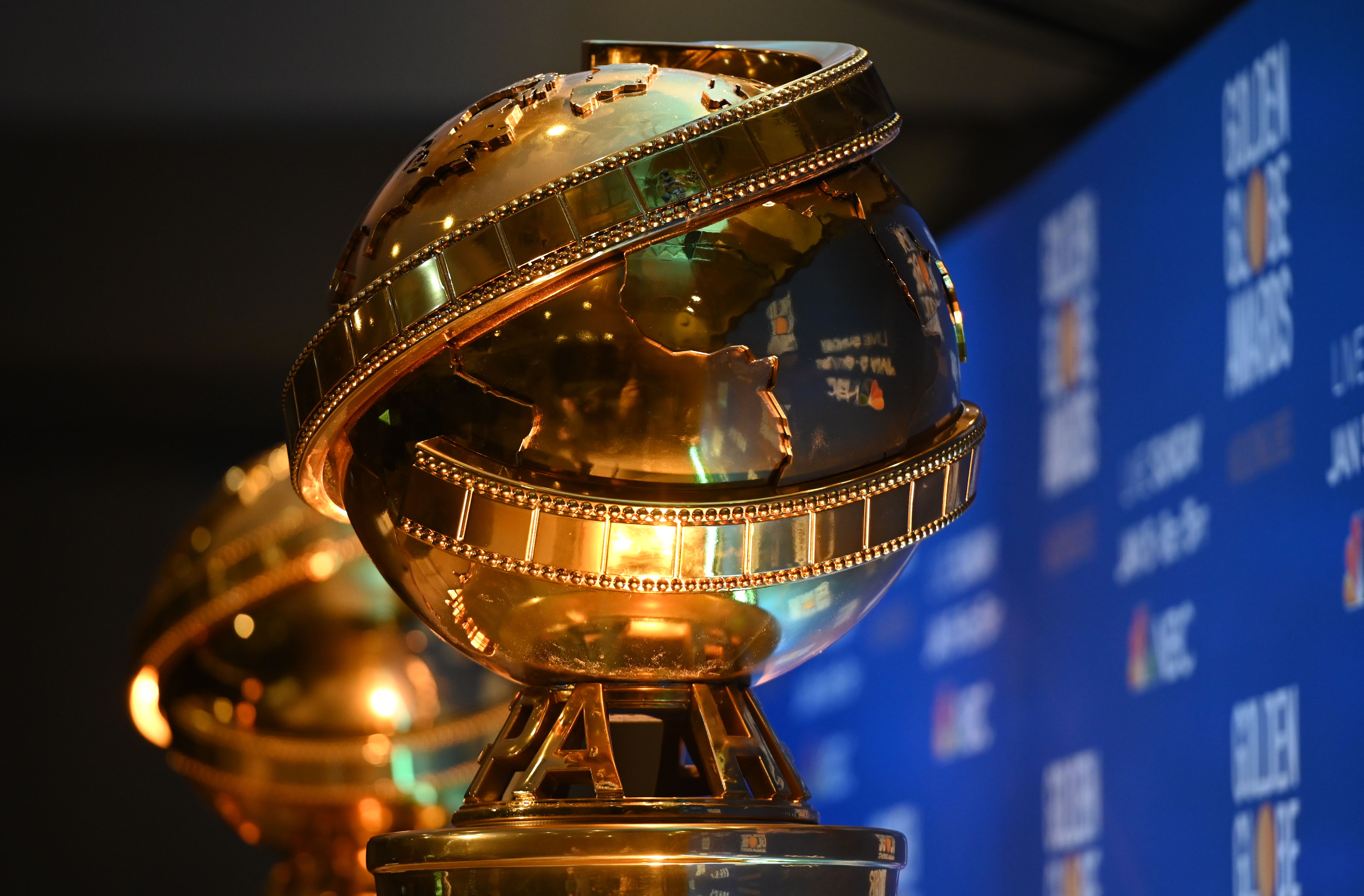 Golden Globe trophies are set by the stage ahead of the 77th Annual Golden Globe Awards nominations announcement at the Beverly Hilton hotel in Beverly Hills on Dec. 9, 2019. (Credit: ROBYN BECK/AFP via Getty Images)