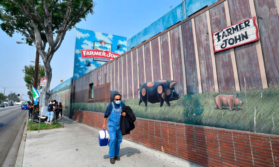 A worker finishing his shift carries a cooler past activists from groups such as LA Animal Save, Slaughter Free Los Angeles and Direct Action Everywhere gathered to demonstrate outside the Farmer John Slaughterhouse/Packing plant in Vernon, an industrial city five miles south of downtown Los Angeles on September 14, 2020 (Frederic J. Brown/AFP via Getty Images)