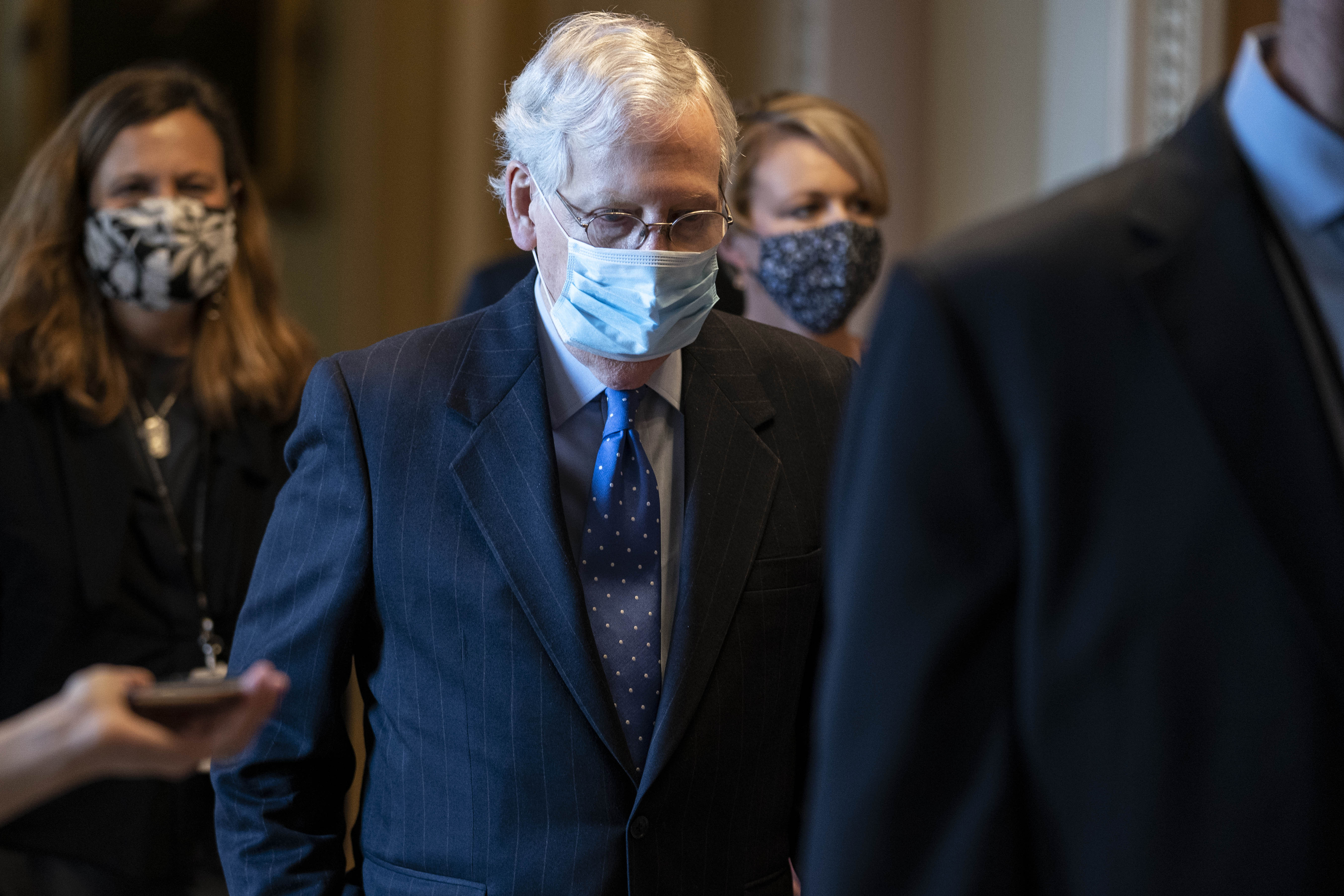 Senate Majority Leader Mitch McConnell (R-KY) walks from the Senate floor to his office in the U.S. Capitol following a Senate vote ahead of Monday's vote on the nomination of Judge Amy Coney Barrett to the U.S. Supreme Court on Oct. 23, 2020 in Washington, D.C. (Sarah Silbiger/Getty Images)