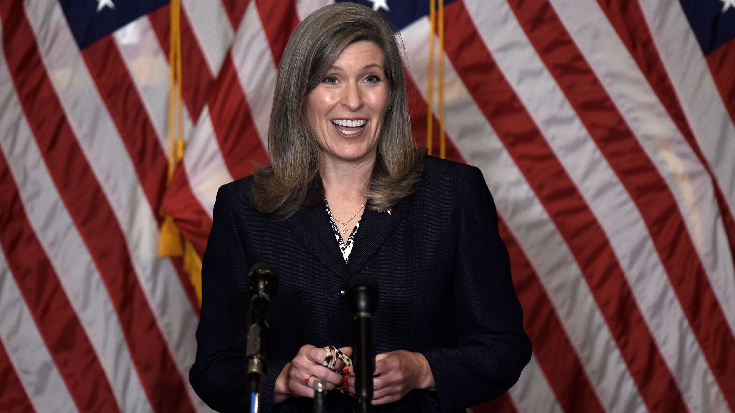 Republican Sen. Joni Ernst, R-Iowa, speaks during a news conference on Capitol Hill Oct. 26, 2020 in Washington, D.C. (OLIVIER DOULIERY/POOL/AFP via Getty Images)