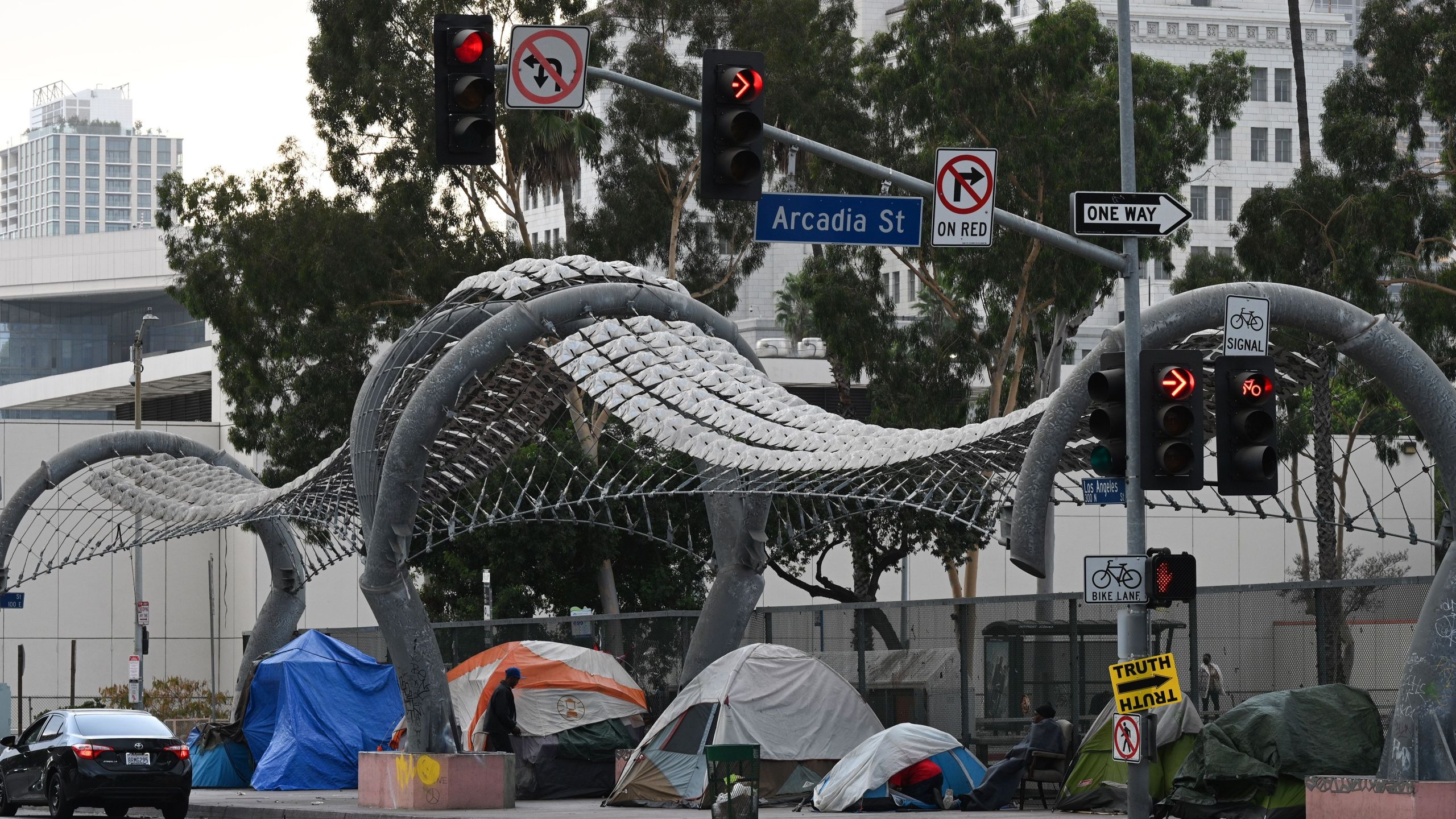 Homeless tents line a freeway overpass November 6, 2020 in Los Angeles, California (Robyn Beck / AFP via Getty Images)