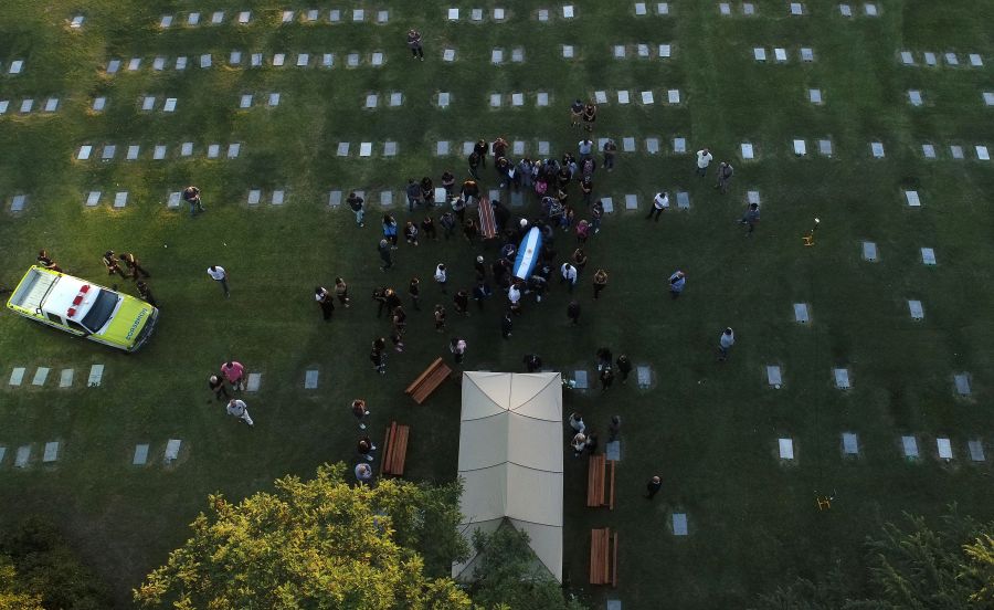 Aerial view of the burial of late Argentine football legend Diego Armando Maradona at the Jardin Bella Vista cemetery, in Buenos Aires province, on Nov. 26, 2020. (Emiliano Lasalvia / AFP / Getty Images)