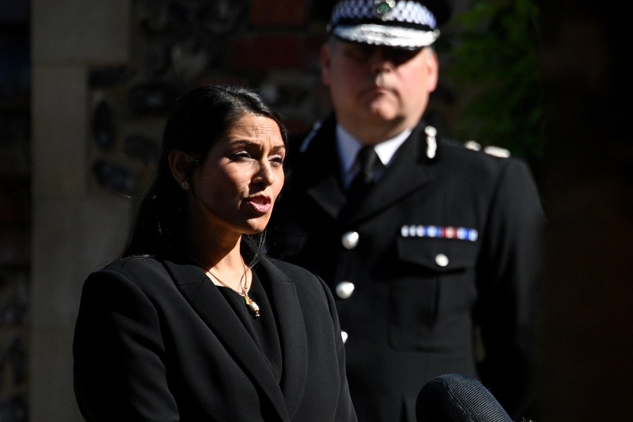 Home Secretary Priti Patel makes a statement to the media at Forbury Gardens on June 22, 2020 in Reading, England. (Leon Neal/Getty Images)