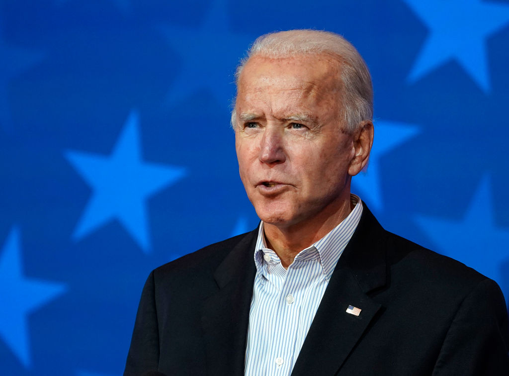 Democratic presidential nominee Joe Biden speaks at The Queen theater in Wilmington, Delaware, on Nov. 5, 2020. (Drew Angerer / Getty Images)