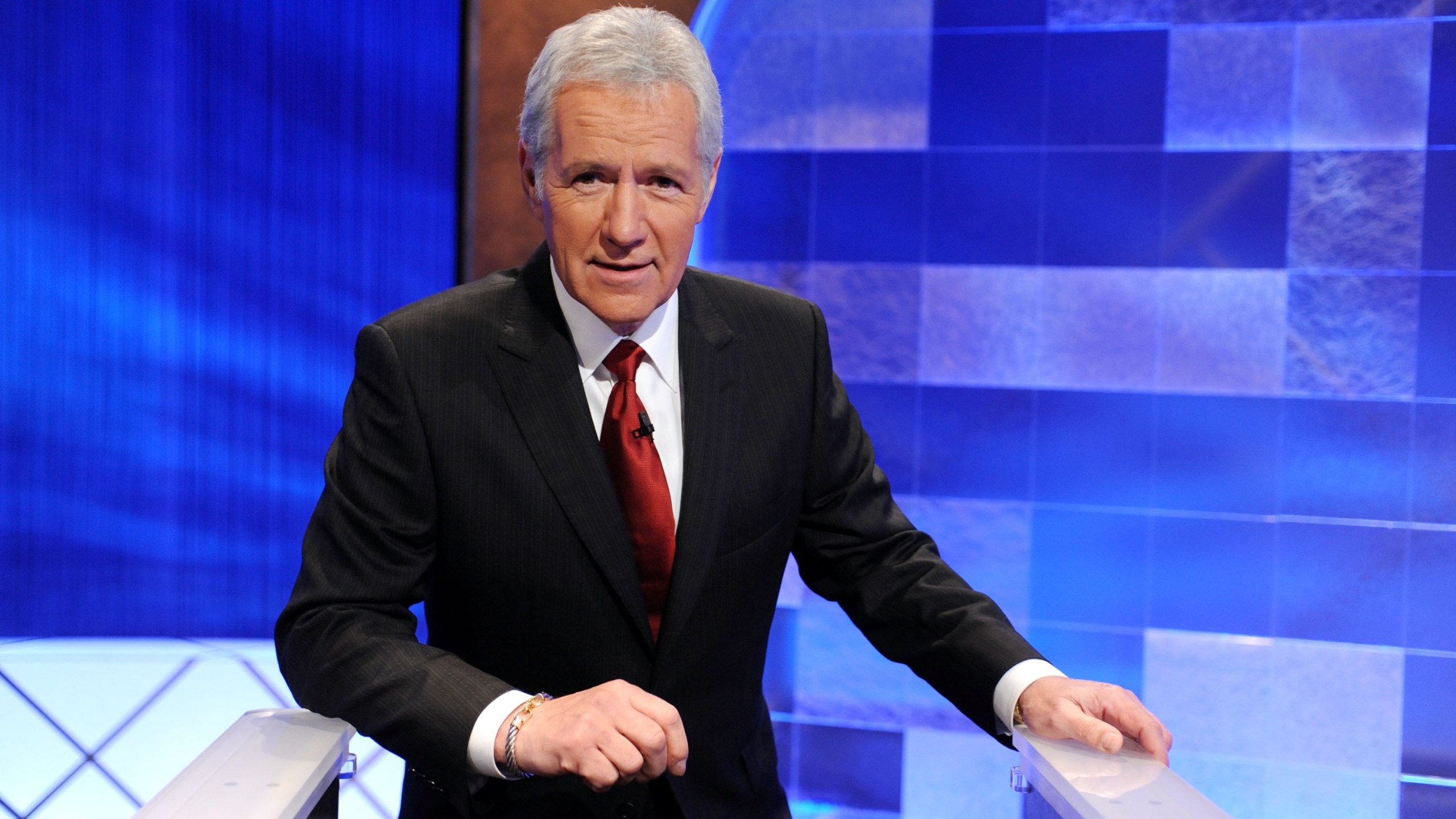 Game show host Alex Trebek poses on the set of the "Jeopardy!" in Culver City on April 17, 2010. (Amanda Edwards / Getty Images)