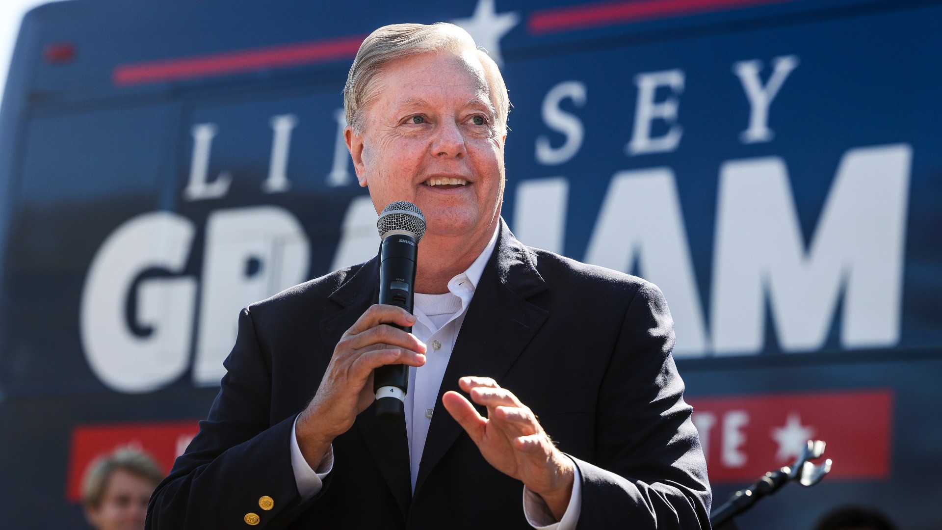 Incumbent candidate Sen. Lindsey Graham (R-SC) speaks to supporters during a campaign bus tour on November 2, 2020 in Rock Hill, South Carolina. Graham is in a closely watched race with Democratic U.S. Senate candidate Jaime Harrison. (Michael Ciaglo/Getty Images)